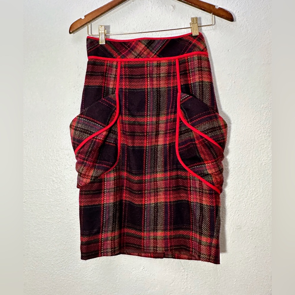 PLENTY by Tracy Reese Anthropologie Wool Midi Skirt Red Black Plaid Pockets SZ 2 - Picture 6 of 16